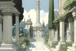 white marble ancient city street with rich vegetation, flowers, trees, a fountain and a piramid, greek temples by Moebius