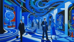 An oil painting by Kuniyoshi and Matisse of tech-people walking inside a futuristic matrix world.