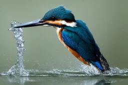 A beautiful kingfisher diving out of water. Highly detailed, smooth colours, realistic landscape