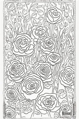 kids coloring page, rose garden, cartoon style, thick lines, low detail, no shading