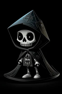 funko skeleton in a black hooded cloak drawn in a retro mascot style, inside a light diamond shape on a black background, monochromatic