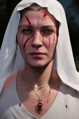 The Virgin Mary, cries with blood, Outlast, photorealistic illustration, 8k