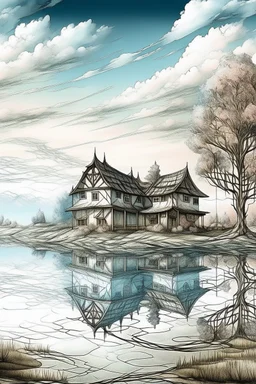 The place where the Dream and its followers live. A reflection of the sky. Watercolor, fine drawing, beautiful landscape, pixel graphics, lots of details, pastel aqua colors, delicate sensuality, realistic, high quality, work of art, hyperdetalization, professional, filigree, hazy haze, hyperrealism, professional, transparent, delicate pastel tones, back lighting, contrast, fantastic, nature+space, Milky Way, fabulous, unreal, translucent, glowing