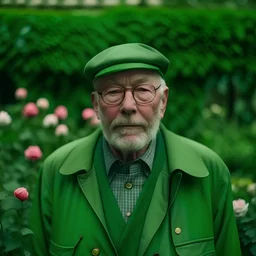 Un retrato de un anciano con un sobretodo verde y lentes de marco grueso en un jardín de rosas