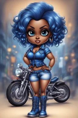 create an airbrush illustration of a chibi cartoon voluptuous black female wearing a blue jean outfit with biker boots. Prominent make up with hazel eyes. Extremely highly detail of a very low blue pixie haircut. Background of a bike show.