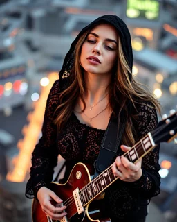 beautiful woman(wearing a dark lace hoodie) playing an electric guitar at high angle
