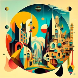 Eclectic Surrealist Fusion, stylish, double exposure, Kandinsky, Yerka, interrupted city