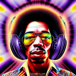 a realistic picture of Jimi Hendrix at a turntable with headphones on being a DJ, vivid color, with sunglasses, psychedelic trippy art, with UFOs in the background