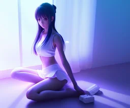 a detailed illustration of a anime girl sitting luminescent body