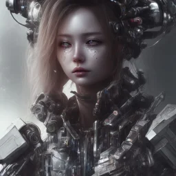 portrait closeup face crying half hitomi tanaka half cyborg middlecyborgs post-apocalypse in a cyberpunk city, sci-fi fantasy style, volumetric lighting, particales,highly detailed,cinamatic, intricate, deep colours,