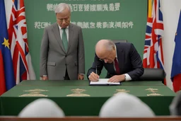 over the shoulder photo; politician signing a treaty; looking down; facing away, somber mood; in the background three banners, green banner, white banner, blue banner;