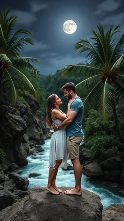 Close-up photo from the front straight. A Beautiful women and a man hugging and looking to each other standing by a winding rocky river below and two large coconut trees on the left and right zoom distance from the front. Even the gothic day the moonlight shines. Bright lighting.