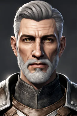 An old male imperial legionnaire from Skyrim with brown eyes, short gray hair and a light beard, Roman style