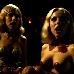 Horror movie shot, spooky, hot, ultra realistic, dine, giant meat, bones, ultra realistic hot blonde women, party, pieces of meat, organs, ail, dynamic, very excited people, hypermaximalist figures, light, 1970's Italian horror movie, sinister,, Dario Argento, Stanley Kubrik, ornate, 4k, photorealism