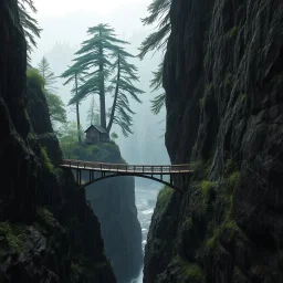 visible view from the side one old stunning wooden bridge connects the two gorge between two tall rocky shores, sprawling, tall dark trees on both shores, in the distance in the background little village made wooden houses on the rock,, rainy landscape, lush vegetation , tall thick alien trees, massive trees in landscape, high detailed, rainy day, high photorealistic, fantasy cinematic