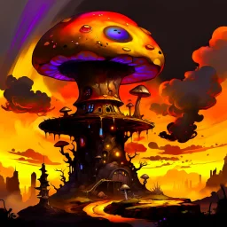 A fantabulous black, orange, and yellow (((mushroom tower house))) erected atop a (geologic pillar), surrounded by the uncanny imaginative ((( swirling skies))), offset by the stark hues of a (neon-tinged nebulous space scape), within. captured by the hand a skilled master painter with a focus on (softly blurred compositions and voluminous lighting).