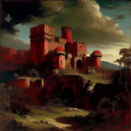 A dark red vampiric fortress painted by Gustave Courbet