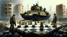 Israeli soldiers and tanks stand on a very large chessboard in the middle of a destroyed city