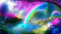 verybeautiful-magical-garden-of-the-angelic-kingdom-blue-and-pink-plants-and-trees-small-river-sunshine-flowers-haze-thumb-rainbow-ufo-bright-colors-light flowers