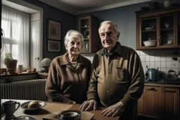 An elderly couple, man and woman, modern apartment, realistic photography, photojournalism, current and huge real