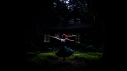 slim nymph dancing in a woodland clearing, with a gothic woodland house behind her.