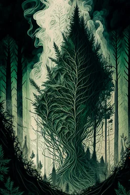 Sketch a composition where intricate smoke patterns transform into a forest of towering trees made entirely of crushed weed leaves, filling the canvas with a surreal and visually captivating asymmetrical landscape.