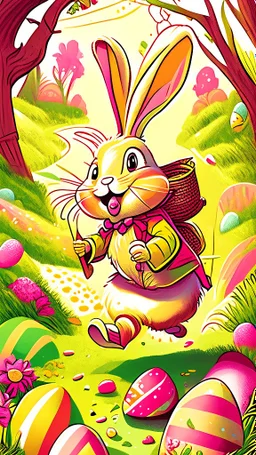 Easter bunny adventure, art, drawing, very illustrative, children book style, detailed, vibrant colors.