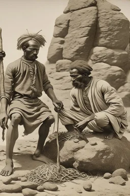 An Ethiopian slave is tortured by his rich master on hot sand and his body is placed on top of a large rock