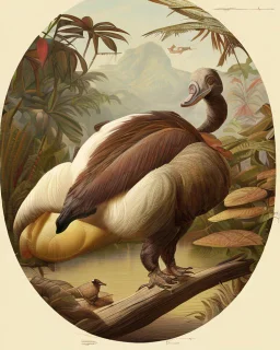 John James Audubon-like illustration of a fully uncropped Dodo bird and a Platypus in a landscape of warm yellows, warm reds, and warm blues