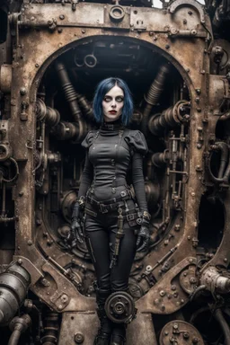 Closeup tall Girl goth with big eyes, ragged clothes, fullbody, dieselpunk, valves and old robots behind, the perspective looking up from the bottom of an empty well , 8k,macro photography,