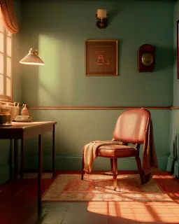 Room scene with sit woman, Wes Anderson style, realistic photo, concept art, smooth, unreal engine 5, god lights, ray tracing, RTX, lumen lighting, ultra detail, volumetric lighting, 3d.