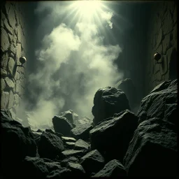 photo, 1920 horror movieshot, rocks, very odd objects in background, Ades, Charon, tenebroso, macabro, marcio, interno museo, fiotti di liquido nero che zampillano, hypermaximalist, strangeness, sundial light, odd, intricate, Lawrence Alma-Tadema style, albero, hypnotic, eerily mysterious, artistic photo, shot on Hasselblad, sadness, follia, smoke, daguerrotype