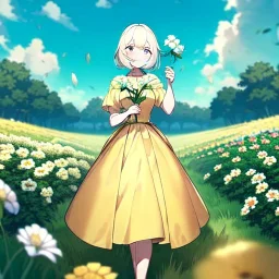 anime girl holding on to a flower and blowing the dried seeds into the air as the wind carries them away. outdoors scene.anime girl standing in a meadow of flowers. thw wind is blowing flower pedals into the wind. girl wearing yellow dress. more emphasis on seeds floating in the air. lots of seeds floating the air. lots of flower pedals floating the air behind the girl. rose pedals all over the ground.emphasis detail on the girls facial features