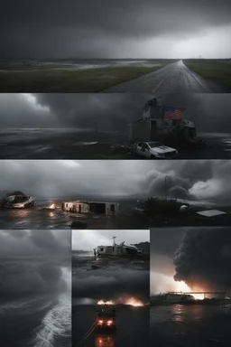 **Cinematic Art:** An experimental film that uses unique visual and audio techniques to represent the power and terror of a cyclone, intercut with scenes of emergency response efforts. **Appearance:** Art ideas that encapsulate the essence of emergency evacuation, aid supply, and safety training in the context of hurricanes, typhoons, tornadoes, and cyclones. These ideas aim to promote vigilance regarding the preservation and protection of rights for the global public, communities, societies, an