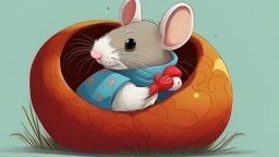 fantasy cartoon style illustration: A tiny mouse is sitting in a handglove.