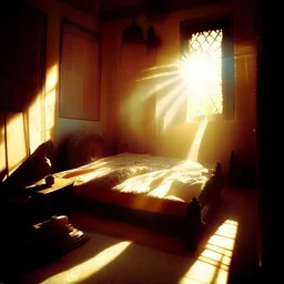 a pinhole camera photo of sunlight streaming into a sumptuous Arab-style bedroom