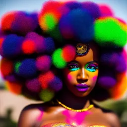 full body shot, masterpiece, best quality, family of three, black skinned, sparkling eyes, fluorescent skin, colorful makeup, afro, highly detailed body, afrofuturism, scifi, sun light, 4K, RAW, depth of field, high contrast, realistic details, 24mm