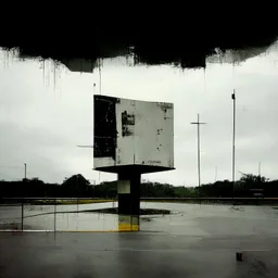 Minimal contemporary abstract oil paintings of desolate 1960s carpark with road markings and concrete fragments. Overlay with grungy typography graphics. style of Justin Mortimer and Francis Bacon.