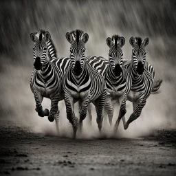 A group of majestic zebras running through a dramatic thunderstorm, with lightning flashing in the sky and rain pouring down around them. The image should capture the intense energy and beauty of this moment.