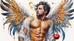 white background, gouache, acrylic, 35-year-old man angel, fine drawing, high detail, 8K, drips, bright colors, HD photography, feathers flying, swirls, gold, tattoo, apple