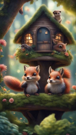 magazine cover with black border, adjust hue for evening, close up portrait of sleepy fox bug squirrel couple with weird worried cute huge eyes in a tree house in wonderful enchanted magical forest with amazing variety of plants and flowers,bokeh like f/0.8, tilt-shift lens 8k, high detail, smooth render, down-light, unreal engine, prize winning