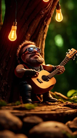 portrait of hairy rock guitar ninja potato living inside a tree house in a hollow huge tree growing light bulbs, singing into ornate studio mic,bokeh like f/0.8, tilt-shift lens 8k, high detail, smooth render, down-light, unreal engine, prize winning