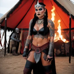[high res photo by Mil Mascaras] Maria Whittaker as a tattooed viking with sharp vampire fangs, she chills in a tribal tent, she stands in feather boots, she holds a flaming demonic swaords