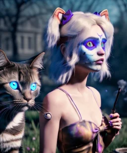 Ultra realistic photo, happy couple, blonde Alice woman and purple cat smoking a pipe + circus blue dress style + black headband with bow + old school body tattoo, smoke, marihuana garden, glow eyes, perfect iris, soft color, highly detailed, unreal engine 5, ray tracing, RTX, lumen lighting, ultra detail, volumetric lighting, high definition.