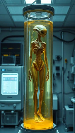 Sleeper in tube cabinet made of glass filled to the top with honey coloured liquid , in a laboratory inside it a alien creature body standing vertically , connected with wires and electrical wires , the human standing in side, a high tech equipment in the background ,4K, cinematic, high resolution