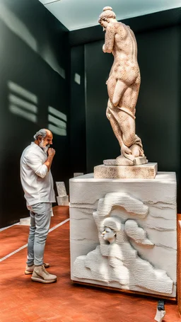 Contemporany Greek sculpture in Portuguese natural stone, marble, Shot on Canon EOS R5, 50mm lens, depth of field, shutter speed 1/ 1000, f/ 2. 8, white balance, 6000k. High resolution, realistic details, HDR efects, film grain, 8K. -–ar 2:3