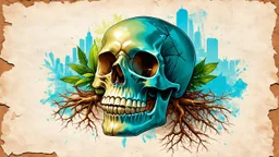 old worn paper, plain contrast background, crystal transparent Skull with city and plants inside, roots, backlight inside, 8K, high detail, hyperrealism, high resolution, bright colors, ART illustration