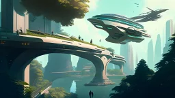 people watching a futuristic ship flying above a utopian metropolis. bridges, roads, balconies, trees, dense foliage, river, pathways, detai...