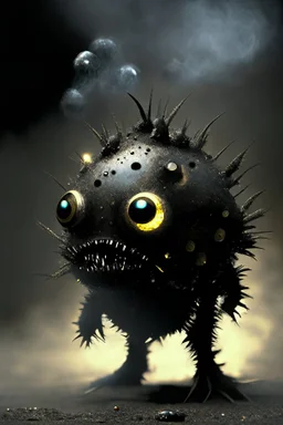 Solid spherical creature, four black eyes, very small mouth, lighting body, The creature is iron, without dots, wearing worrier shoes, smoke from the head, high details, stunning realistic photograph