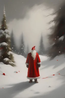 Snowy outdoor scene, painting, santa standing with back visible, mysterious, mostly white except red on santa